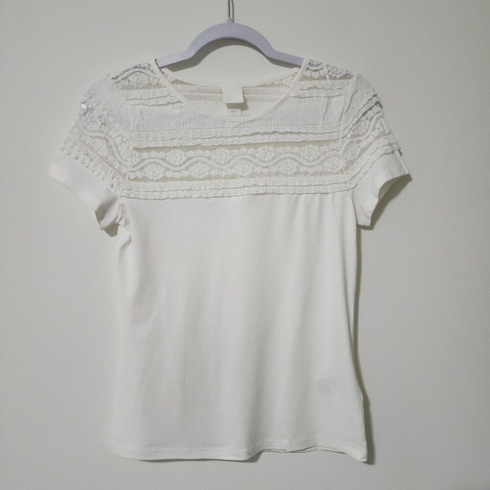 H&M Womens Yoke Lace Ruffle Top Ivory Jersey Short Sleeve Crew Neck Size S - Picture 3 of 11